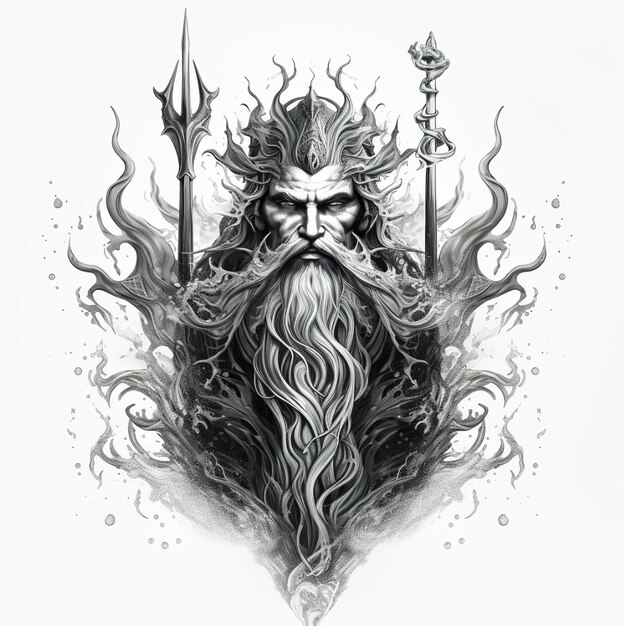 un disegno di un uomo barbuto con una lunga barba e spade.