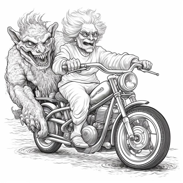 un disegno di un uomo che guida una motocicletta con un mostro sul retro ai generativo