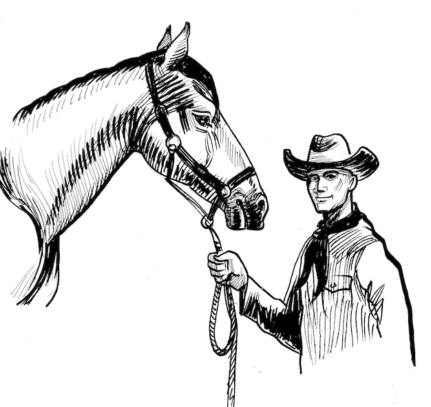 Un disegno di un uomo con un cappello da cowboy e un cavallo