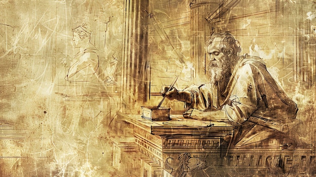 un disegno di un uomo con una penna e una fontana sullo sfondo