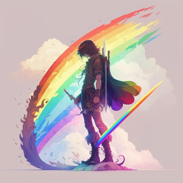 Un disegno di un uomo in piedi davanti a un arcobaleno.