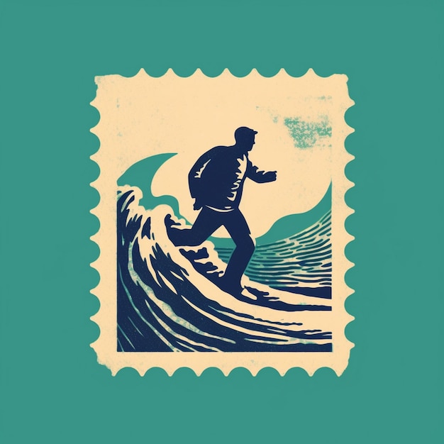 un disegno di un uomo su una tavola da surf nell'oceano.