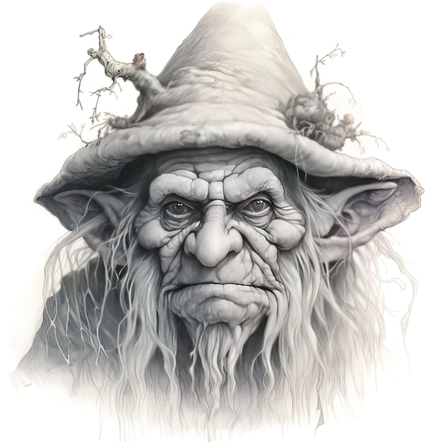 un disegno di un vecchio mago con sopra un cappello