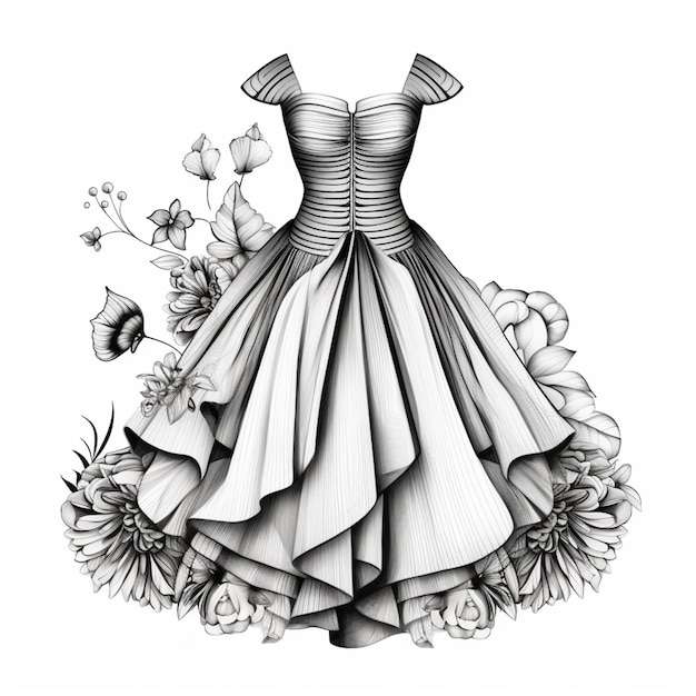 un disegno di un vestito con fiori e farfalle generativo ai