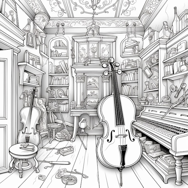 un disegno di un violino in una stanza con un pianoforte e un piano generativo ai