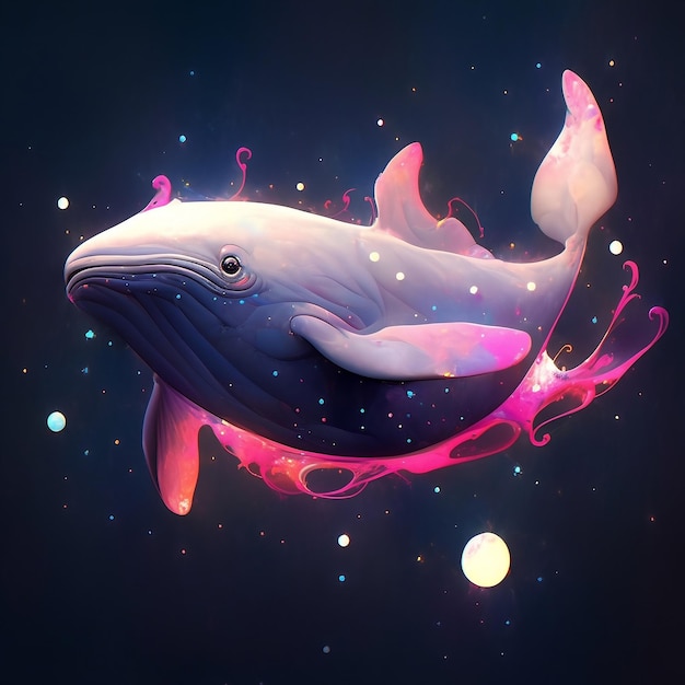 Un disegno di una balena blu e rosa.