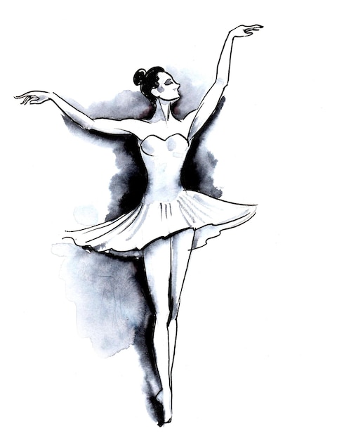 Un disegno di una ballerina in abito bianco