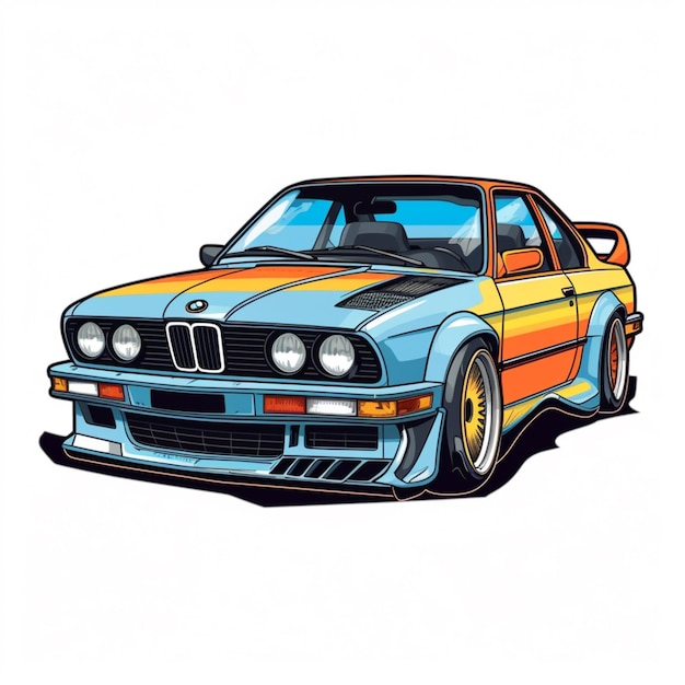 Un disegno di una BMW con una striscia blu e arancione.