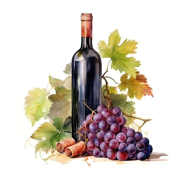 Un disegno di una bottiglia di vino con uva e foglie.