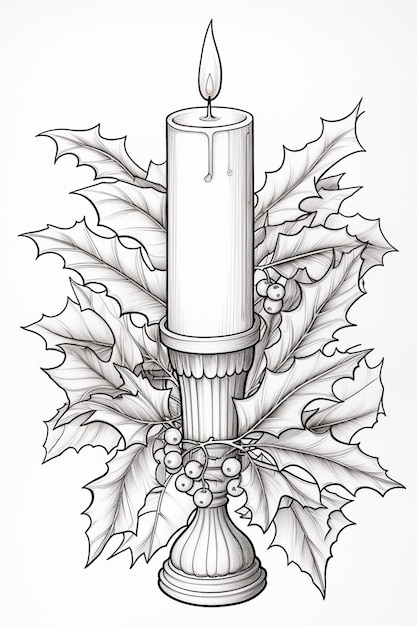 un disegno di una candela con foglie di agrifoglio e bacche ai