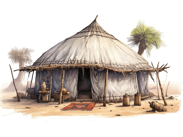 Un disegno di una capanna con una palma sullo sfondo