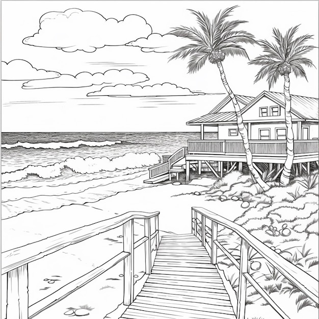 un disegno di una casa al mare sulla spiaggia con palme ai generative