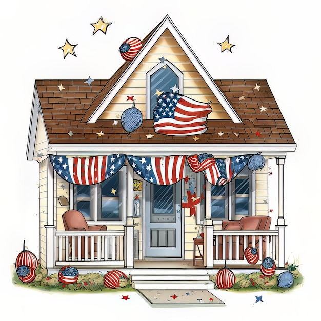 Un disegno di una casa con la bandiera americana sul tetto