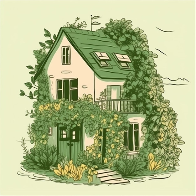 Un disegno di una casa con tetto verde e la scritta "la casa è immersa nel verde"