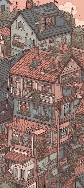 Un disegno di una casa con un balcone in cima.