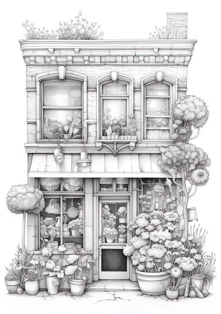 un disegno di una casa con un disegno in bianco e nero di una casa con un sacco di finestre.