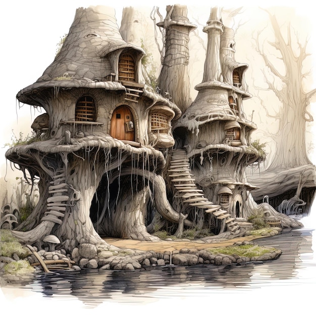 un disegno di una casa con un tronco d'albero sul lato.