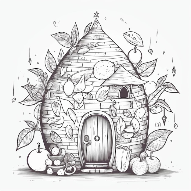 Un disegno di una casa con una porta e un albero generativo ai