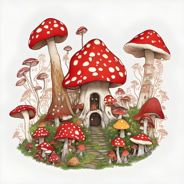 Un disegno di una casa dei funghi con una porta che dice "fungo".
