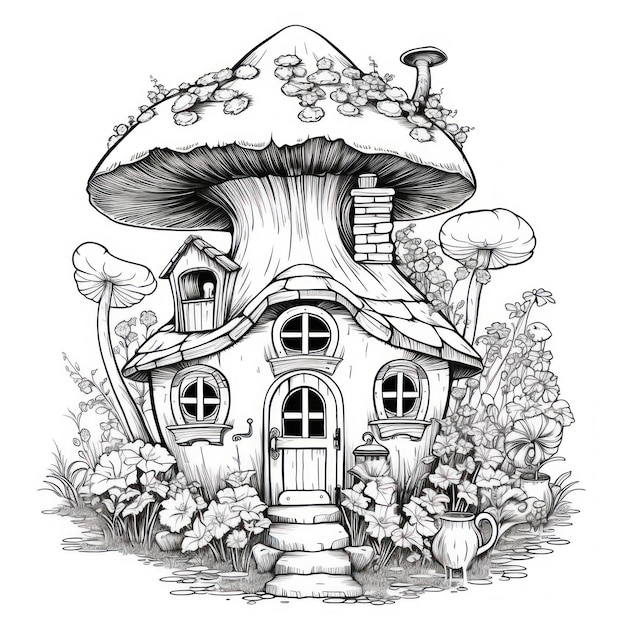 un disegno di una casa di funghi con un fungo sul davanti.