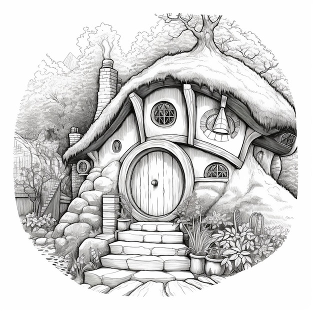 Un disegno di una casa hobbit con un tetto coperto di neve.