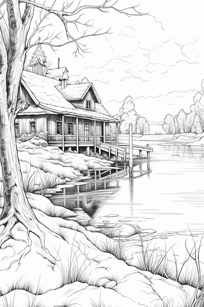 un disegno di una casa su un lago con un molo generativo ai