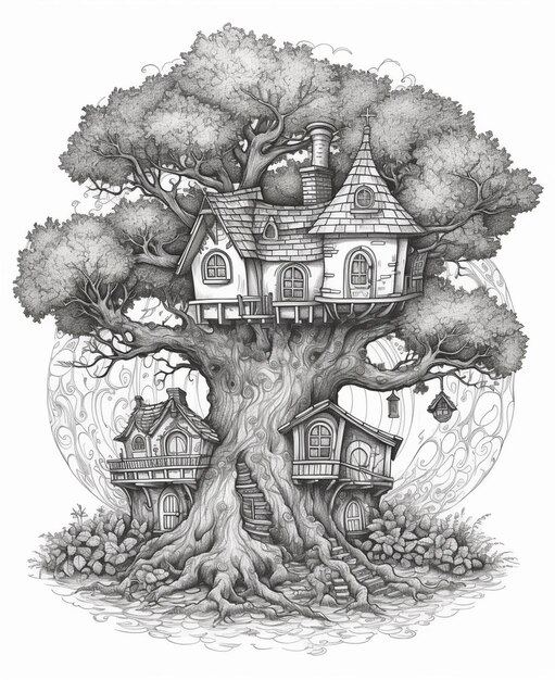 un disegno di una casa sull'albero con un albero al centro generativo ai