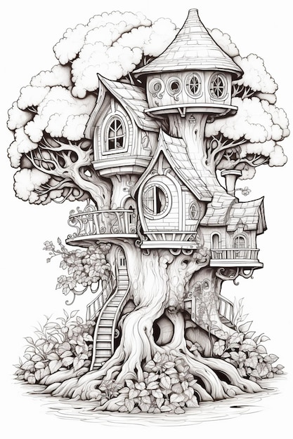 un disegno di una casa sull'albero con un albero e una scala ai