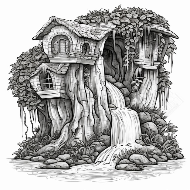 Un disegno di una casa sull'albero con una cascata che ne esce generativa ai