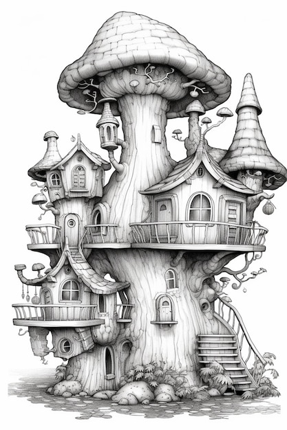 un disegno di una casa sull'albero con una scala che conduce ad essa generativa ai