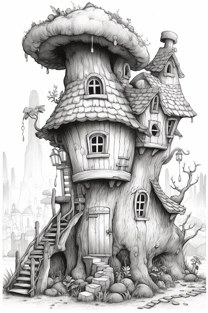 un disegno di una casa sull'albero con una scala che conduce ad essa generativa ai