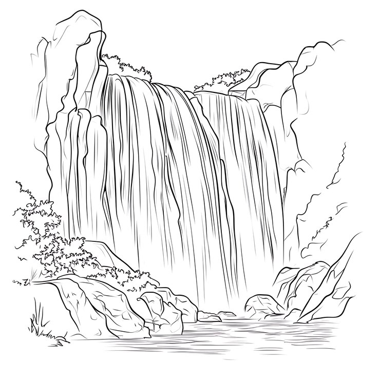un disegno di una cascata con rocce e alberi sullo sfondo