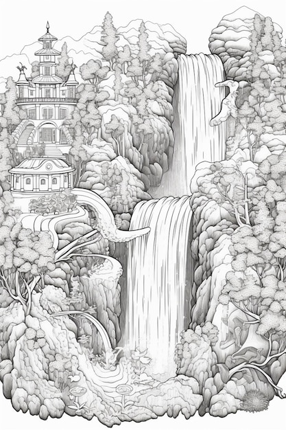 Un disegno di una cascata con una pagoda sullo sfondo generativo ai