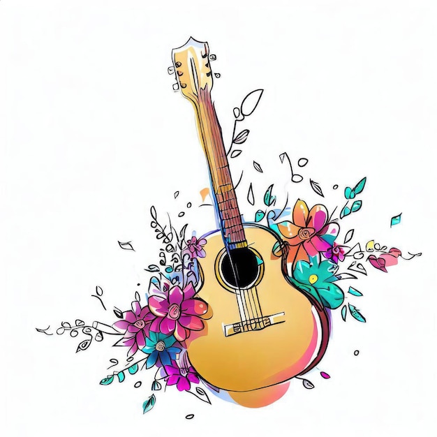 Un disegno di una chitarra con fiori e una chitarra