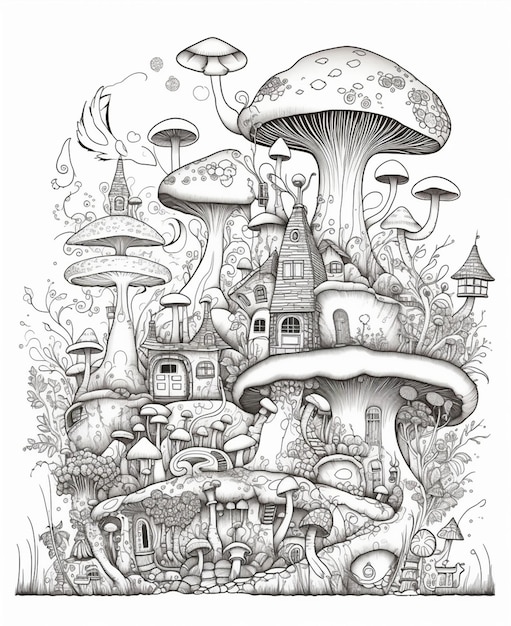 Un disegno di una città dei funghi con una casa dei funghi in cima.