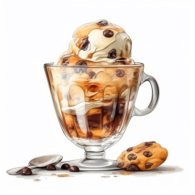 Un disegno di una coppa di gelato in vetro con scaglie di cioccolato e un biscotto in cima.