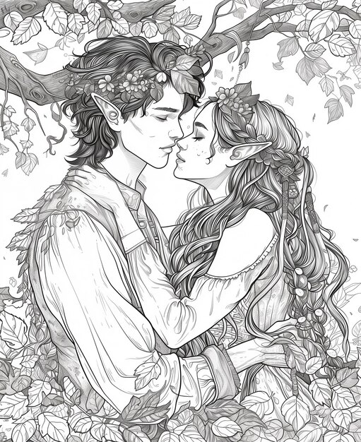 un disegno di una coppia che si bacia in un giardino con una corona sulla testa
