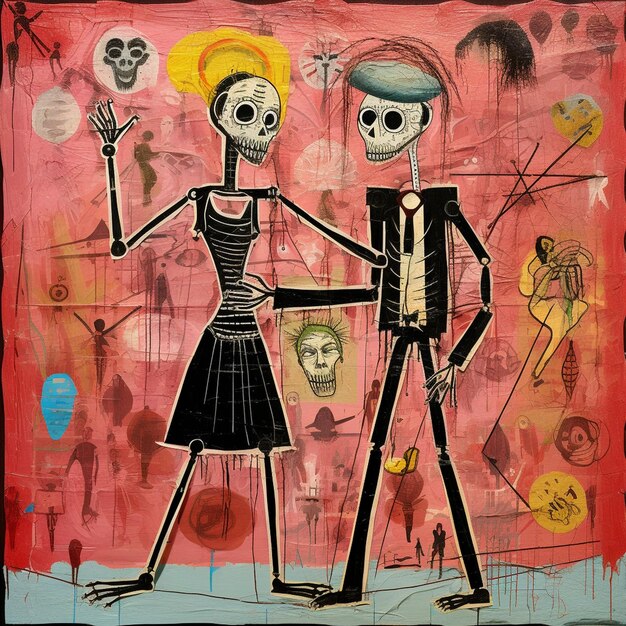 un disegno di una coppia e uno scheletro con una donna in abito e la parola " morte " su di esso.