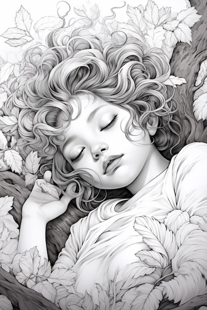un disegno di una donna che dorme in un letto di fiori generativo ai