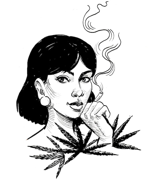 Un disegno di una donna che fuma una foglia di marijuana.