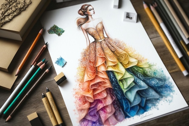 Un disegno di una donna che indossa un abito realizzato dall'artista