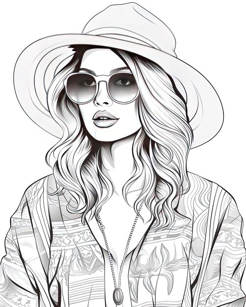 un disegno di una donna che indossa un cappello e occhiali da sole