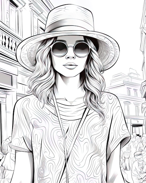 un disegno di una donna che indossa un cappello e occhiali da sole