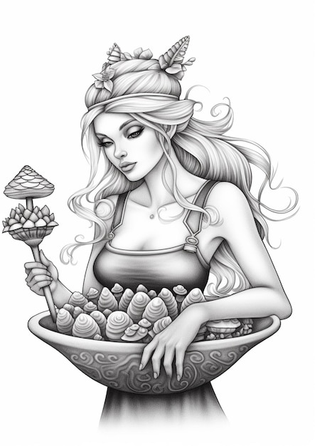 un disegno di una donna che tiene una ciotola di frutta e una candela ai generativa
