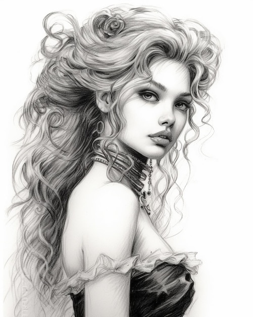 un disegno di una donna con capelli lunghi e lunghi capelli ricci.