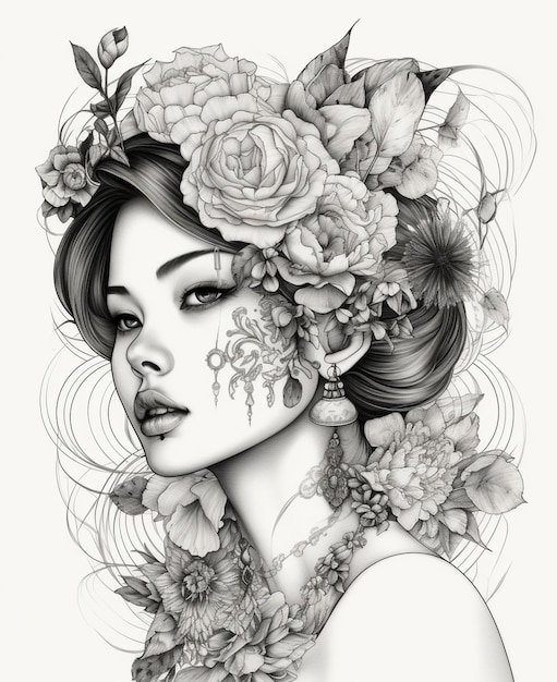 Un disegno di una donna con dei fiori in testa.