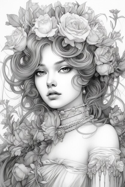 un disegno di una donna con dei fiori nei capelli generativo ai