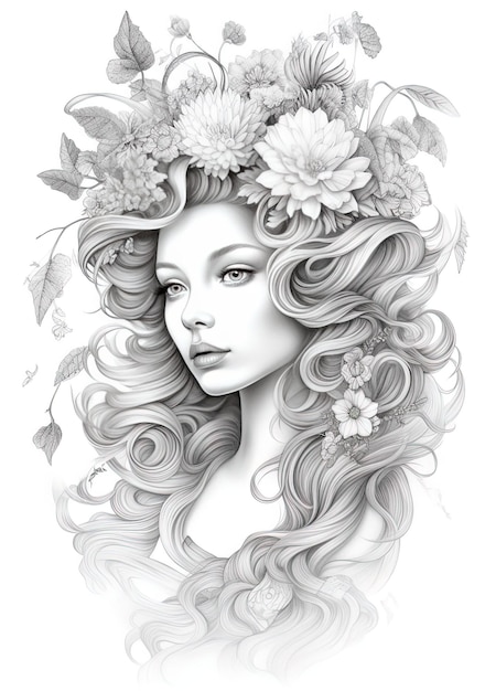 un disegno di una donna con dei fiori nei capelli.