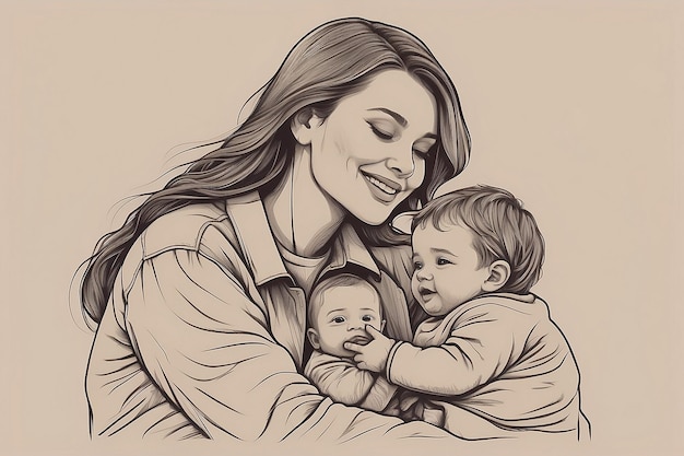 un disegno di una donna con due bambini