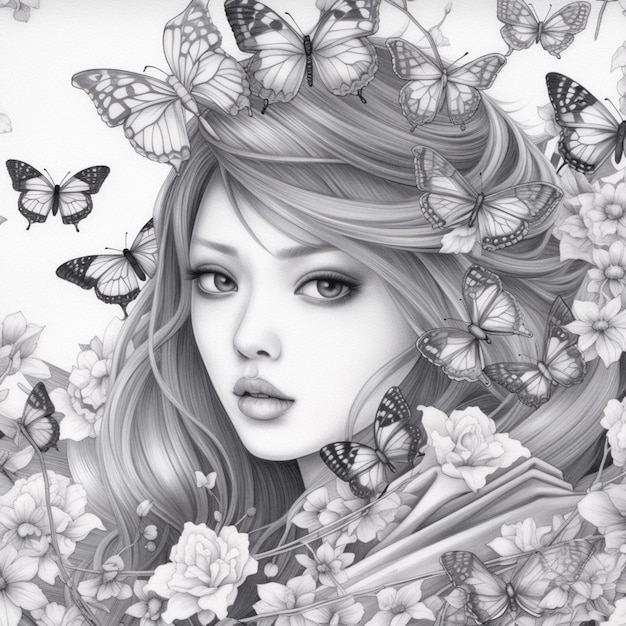 un disegno di una donna con farfalle nei capelli generativo ai